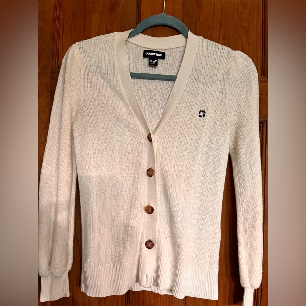 Lands' End Cream Cardigan Sweater V-Neck Ribbed Knit